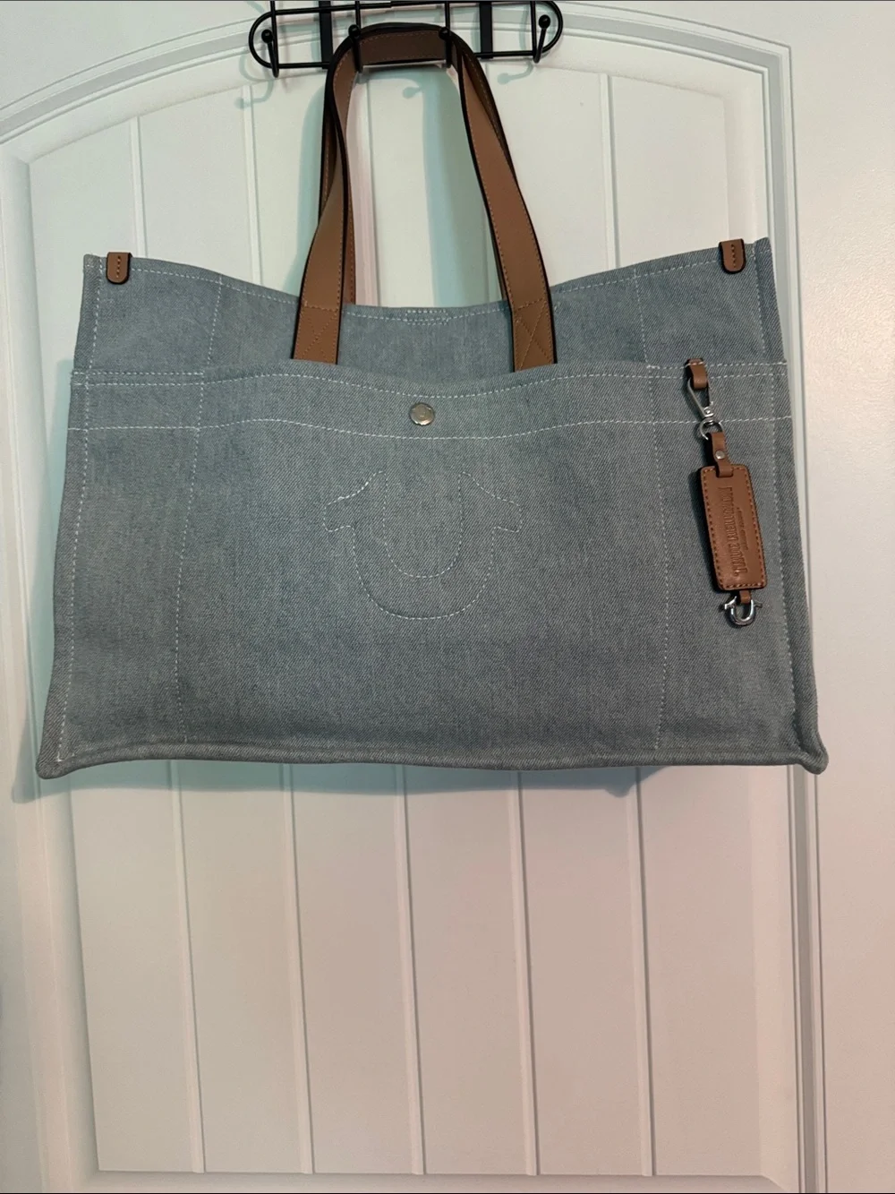 True Religion Blue Canvas Tote with Tan Leather Handles